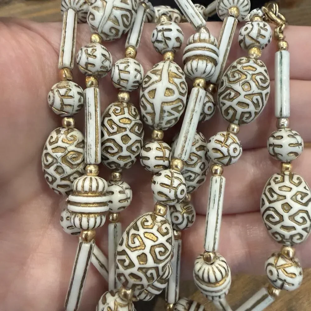Vintage 1960s Plastic Bead Necklace White Gold Scroll Motif Geometric Tube Beads